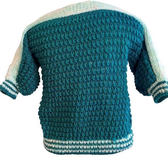 Handmade Stretch Chunky Knit Dropped Sleeve Top Teal White Size Small - Picture 3 of 11